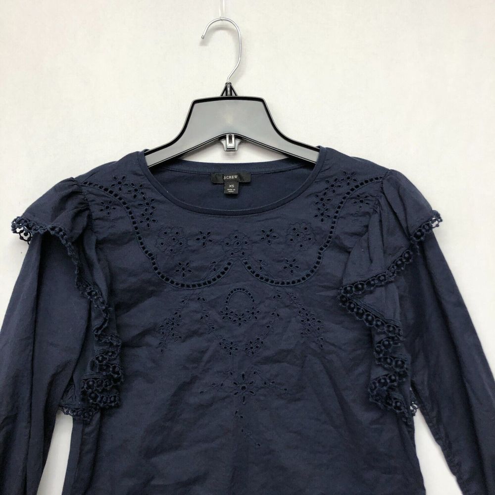 J. CREW Embroidered Ruffle Sleeve Top Blouse Navy Blue Size Extra Small M115 -22 - Picture 9 of 13